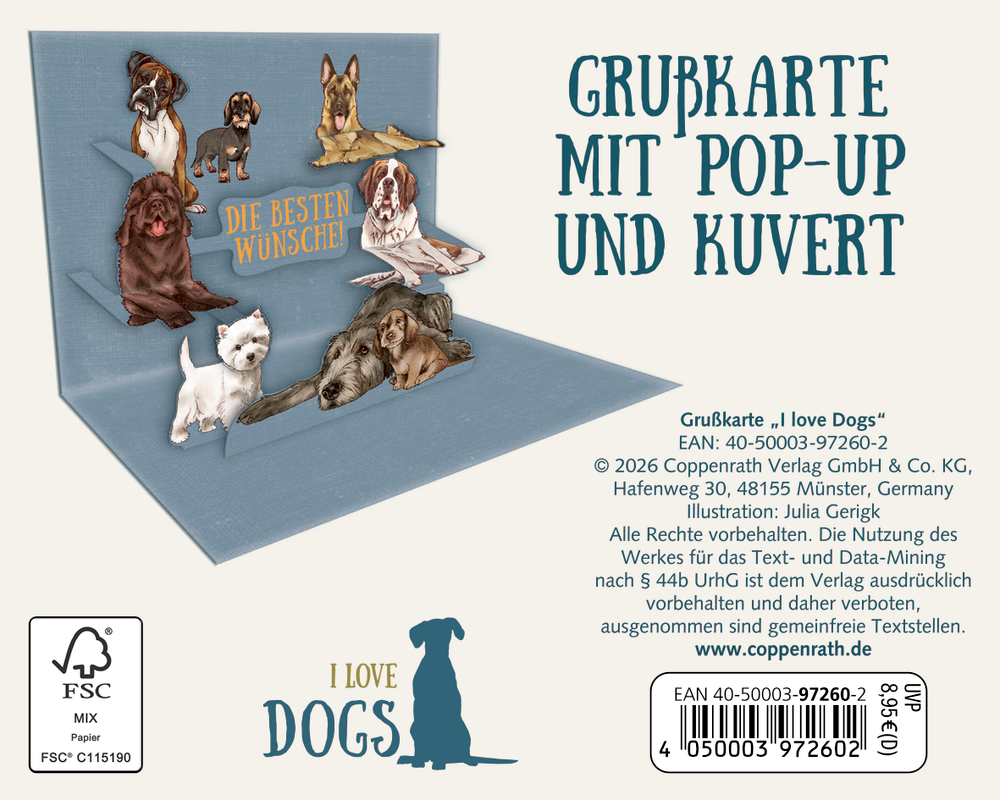 Hellblaue Pop-up-Grußkarte mit verschiedenen Hunden und dem Text „Die besten Wünsche!“, daneben Aufschrift „Grußkarte mit Pop-up und Kuvert“.
