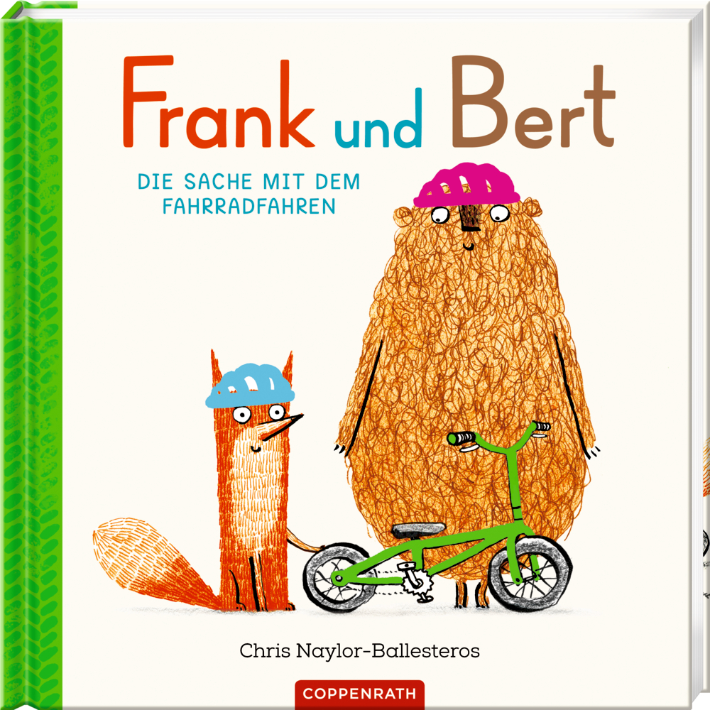 Auf dem Cover von "Frank und Bert", stehen ein Fuchs und ein Bär mit Helmen neben einem grünen Fahrrad.