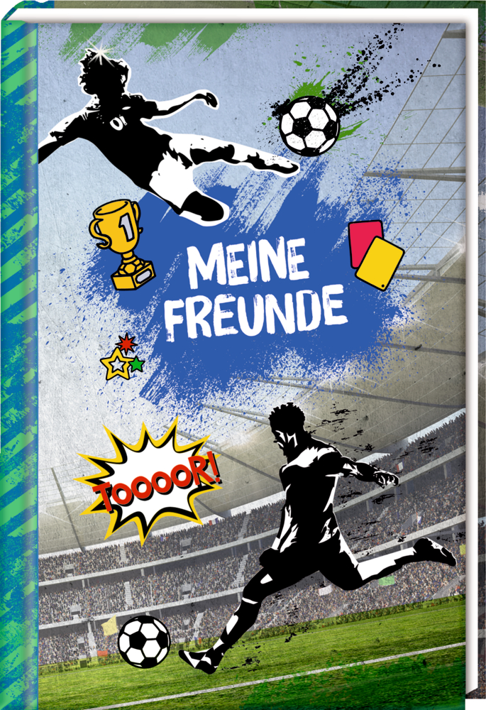 Freundebuch-Cover: Zwei Fußballspieler in Aktion vor einem Stadionhintergrund mit Trophäen und dem Titel „Meine Freunde“.
