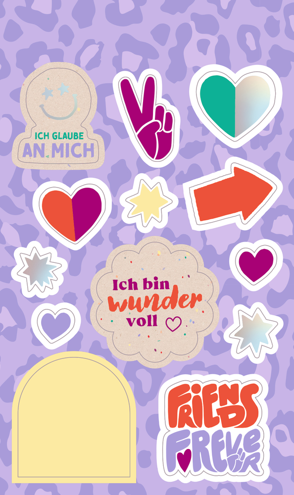 Stickerbogen mit bunten Motiven wie Herzen, Sternen, Pfeil, Peace-Zeichen und Texten auf lila Musterhintergrund.