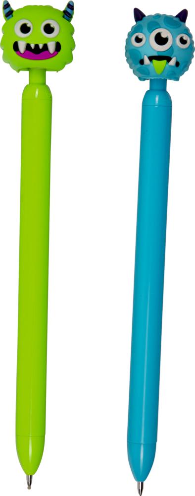 Zwei Stifte, einer grün, einer blau, mit jeweils einem Monsterkopf als Aufsatz.