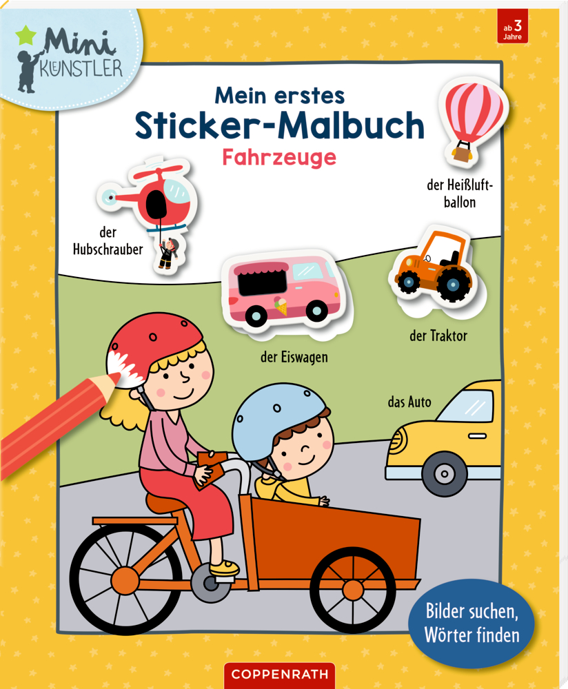 Kinder-Sticker-Malbuch mit Personen auf einem Lastenfahrrad und lustigen Fahrzeug-Stickern auf dem Cover.