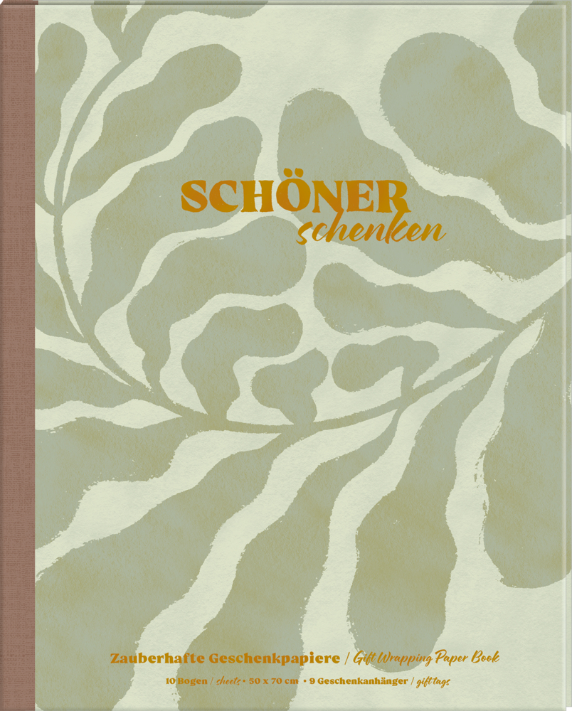 Abstrakter hellgrüner und beiger Buchumschlag mit goldenem Titel: „Schöner schenken.