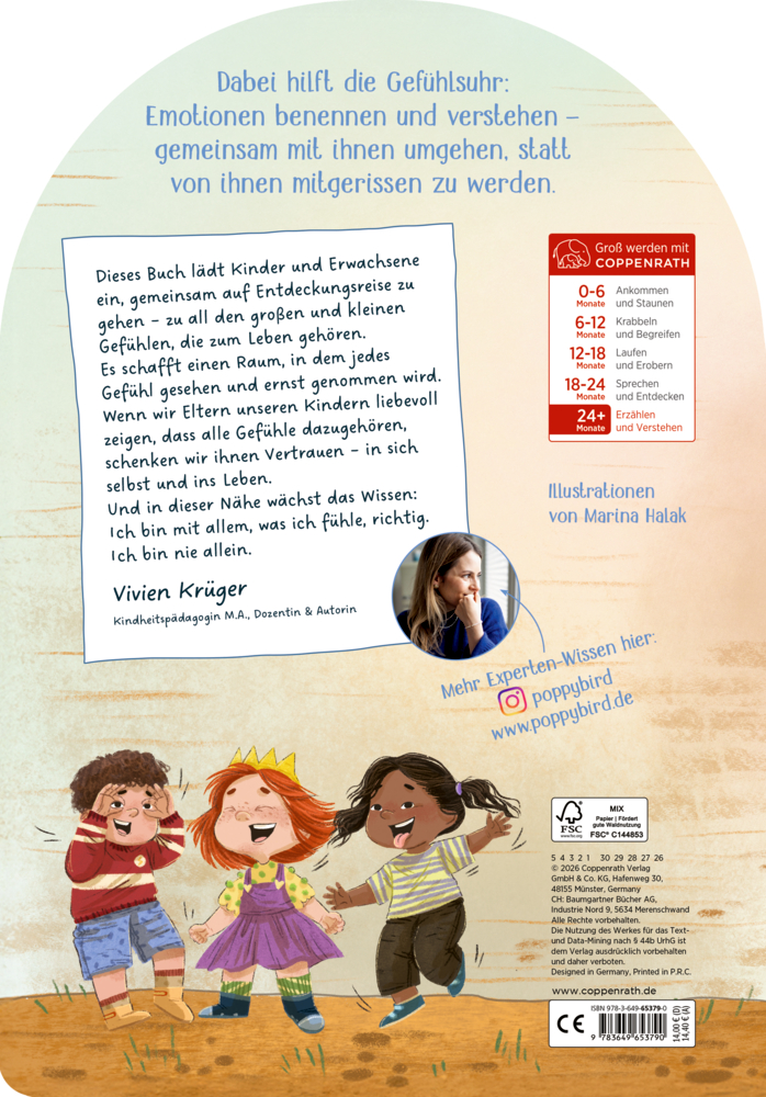 Rückseite eines Buchs mit Text, Porträt einer Frau und Illustration von drei fröhlichen Kindern, die zusammen tanzen.