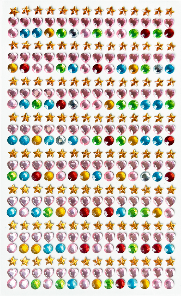 Bunte Edelstein- und goldene Sternaufkleber, die in einem ordentlichen Raster auf weißem Hintergrund angeordnet sind.