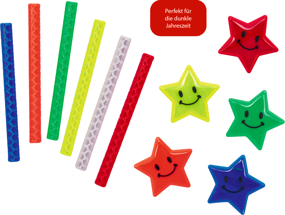 Sechs reflektierende Stäbe und fünf sternförmige Speichenclips in verschiedenen Farben mit aufgedruckten Smileys.