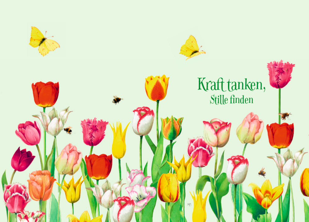 Innenseite mit bunten Tulpen, Schmetterlingen, Bienen und dem deutschen Text: Kraft Tanken. Stille finden.