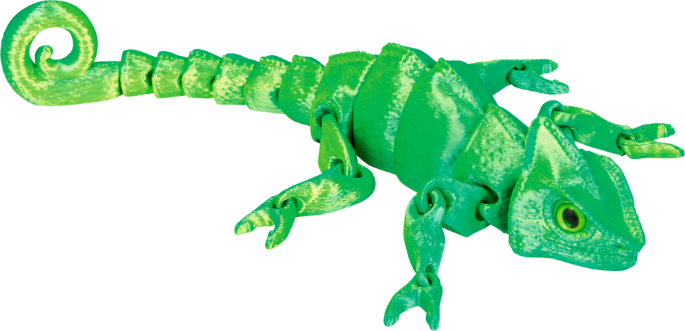 Grüne Kunststoff-Figur eines Chamäleons mit beweglichen Gelenken und eingerolltem Schwanz.