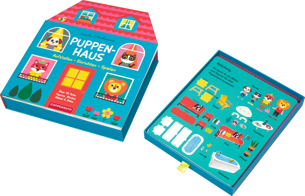 Liegendes Puppenhausbox mit danebenliegendem Schuber mit Bastelbögen.