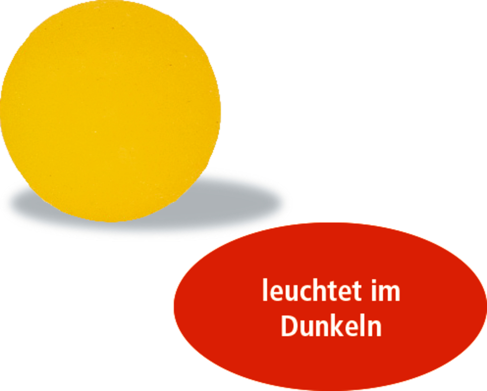 Gelber Ball mit Text "leuchtet im Dunkeln".