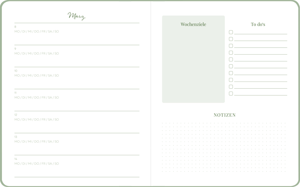 Offene Kalenderdoppelseite für März mit Wochentagen, Feldern für Wochenziele, To-dos und Notizen.