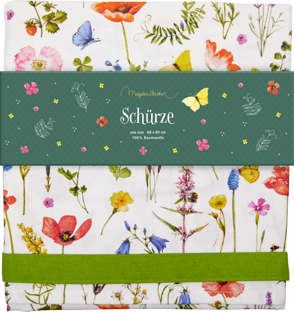 Weiße Baumwollschürze mit bunten Wildblumen, Schmetterlingen, grüner Verpackung und passendem grünen Gürtel.