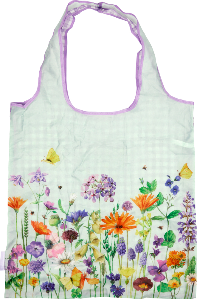 Hellgrün karierte Tragetasche mit violetten Griffen und bunten Wildblumen und Schmetterlingen am Boden.