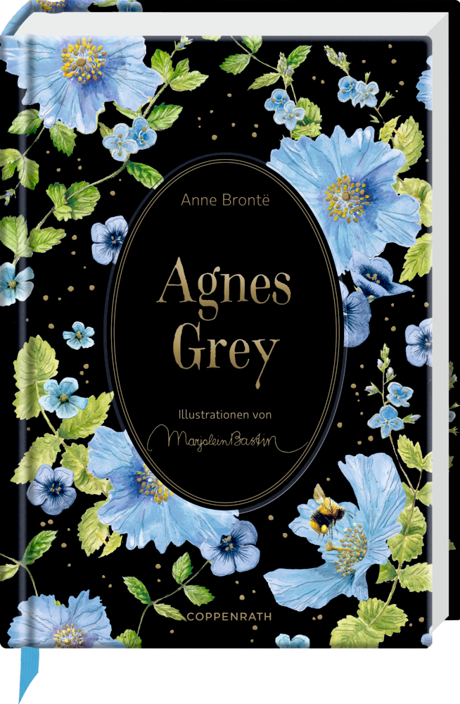 "Agnes Grey" von Anne Bronte, das Buchcover zeigt blaue Blumen und goldene Punkte auf schwarzem Hintergrund.