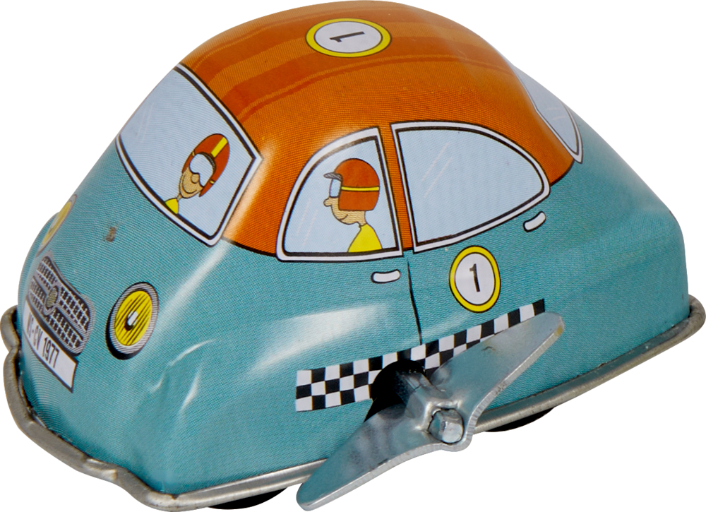 Auf alt gemachtes Blechspielzeugauto in Türkis und Orange mit Fahrerfigur und seitlichem Aufziehschlüssel.