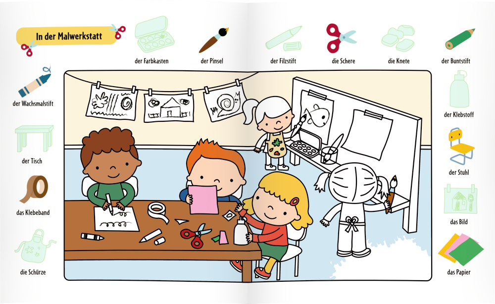 Vier Kinder schaffen Kunstwerke an einem Tisch in einem Klassenzimmer, umgeben von Materialien und ihren Zeichnungen, auf einer Doppelseite zum ausmalen und bestickern.