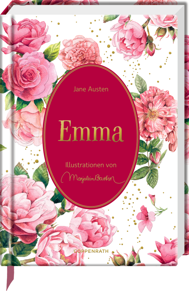 Buchcover „Emma“ von Jane Austen mit rosa Rosen und goldenen Akzenten, illustriert von Marjolein Bastin.