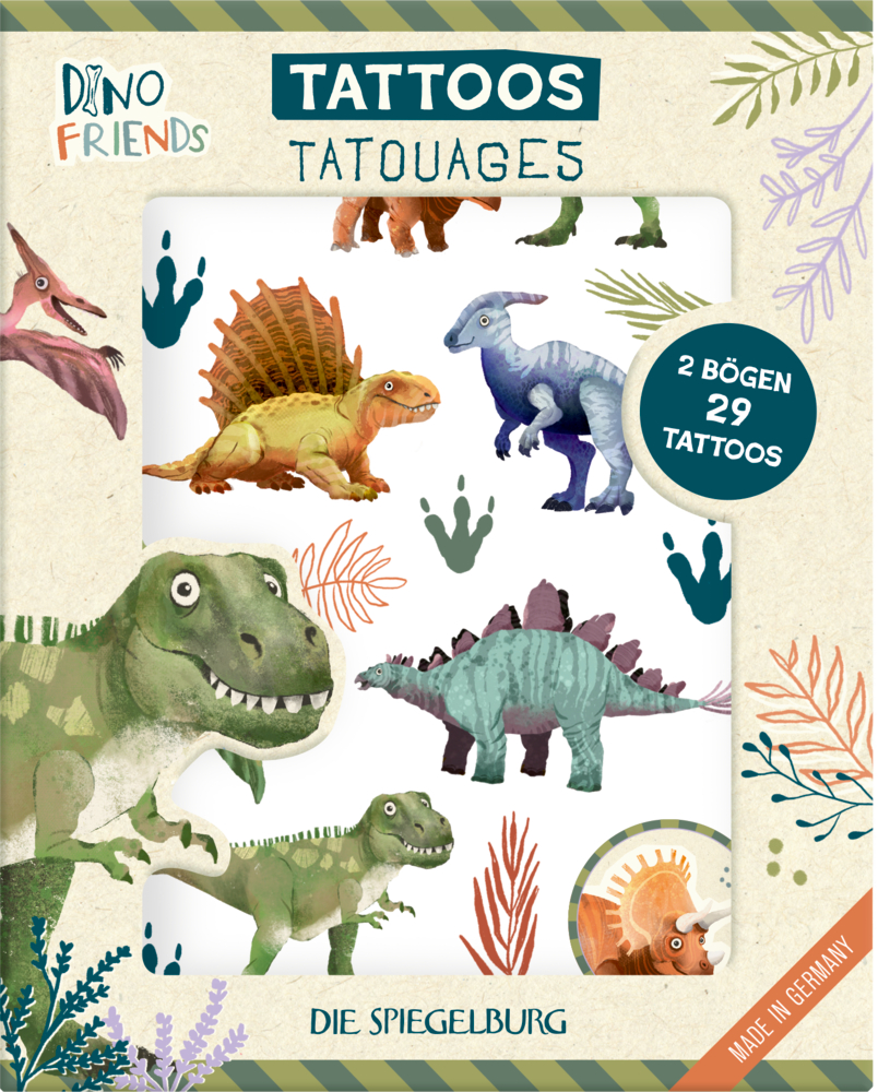 Set mit bunten Dinosaurier-Tattoos, darunter T-Rex, Stegosaurus und andere, mit Pflanzenmotiven in Verpackung mit Sichtfenster.