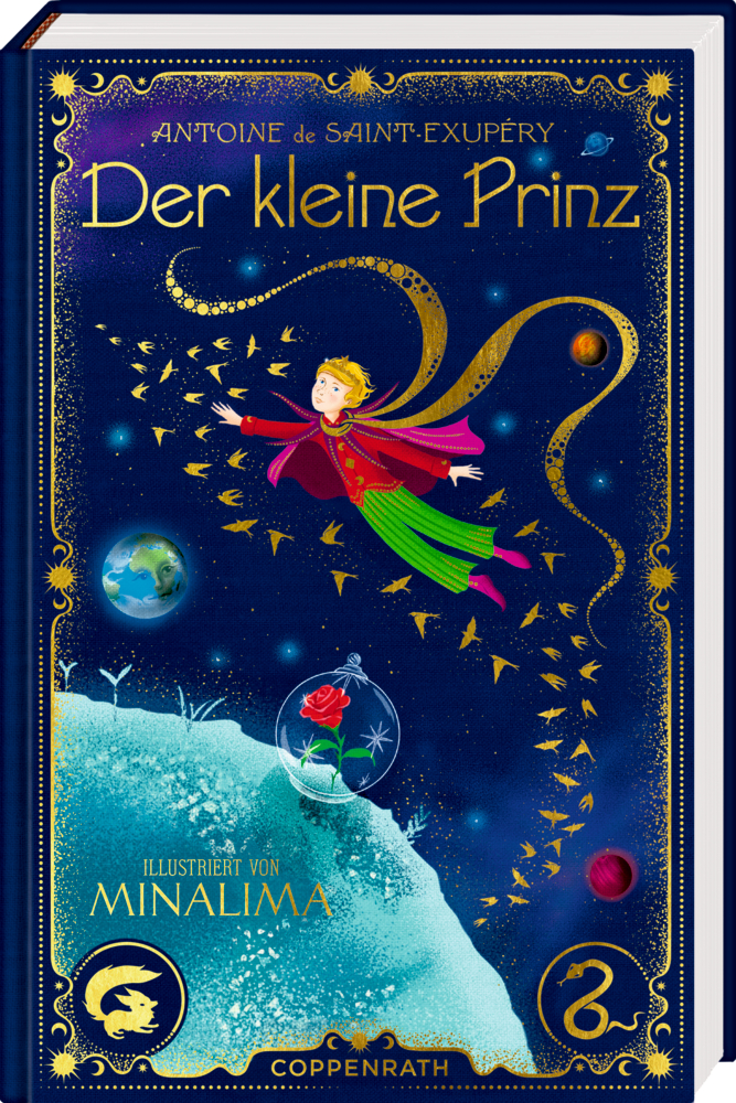 Buchcover von "Der kleine Prinz". Ein Junge fliegt zwischen Sternen, einer Rose und Planeten auf blauem Hintergrund.