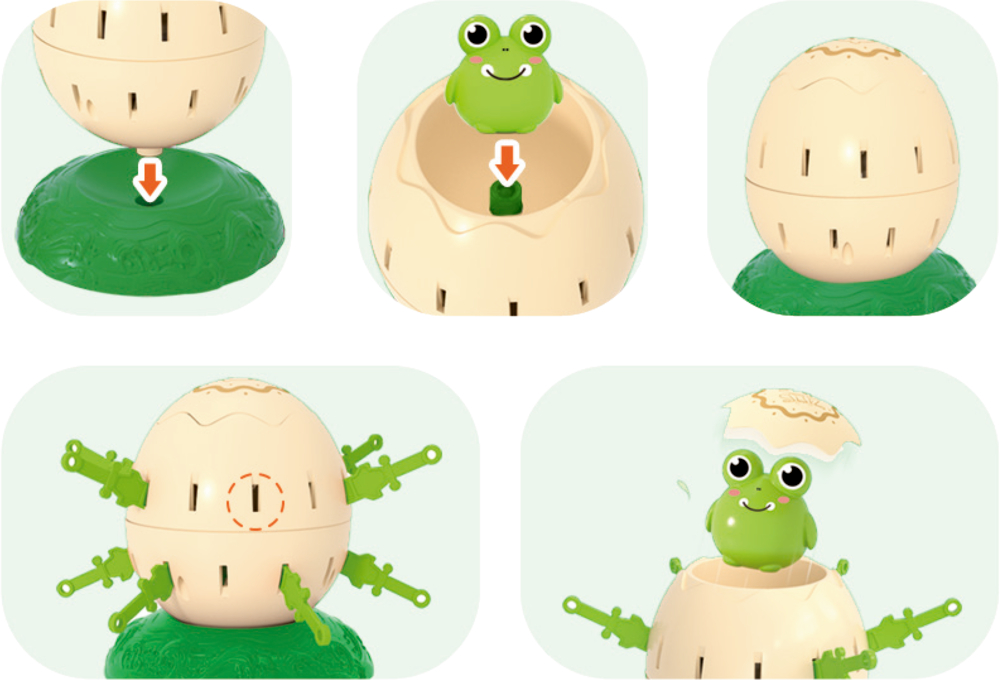 Spielzeug-Ei mit grüner Basis, das sich öffnet und eine grüne Froschfigur im Inneren zeigt.