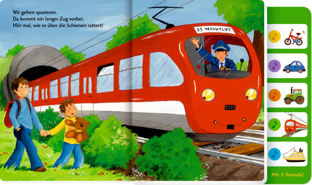 Ein roter Zug mit der Nummer 59 Frankfurt verlässt den Tunnel, beobachtet von einem Mann und einem Kind mit Teddy, auf einer Doppelseite eines Soundbuches mit Text.