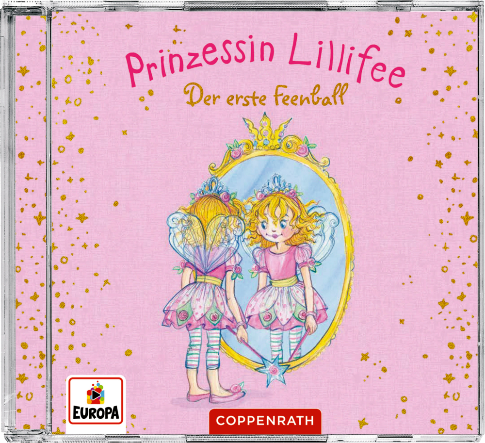 CD-Cover: Prinzessin Lillifee in einem rosa Kleid steht vor einem Spiegel vor einem rosafarbenen Sternenhintergrund.