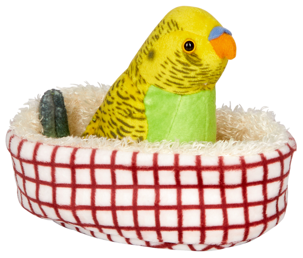 Ein plüschiges gelbgrünes Sittichspielzeug liegt in einem kleinen, flauschigen Plüschtierbett mit einem roten Karomuster.