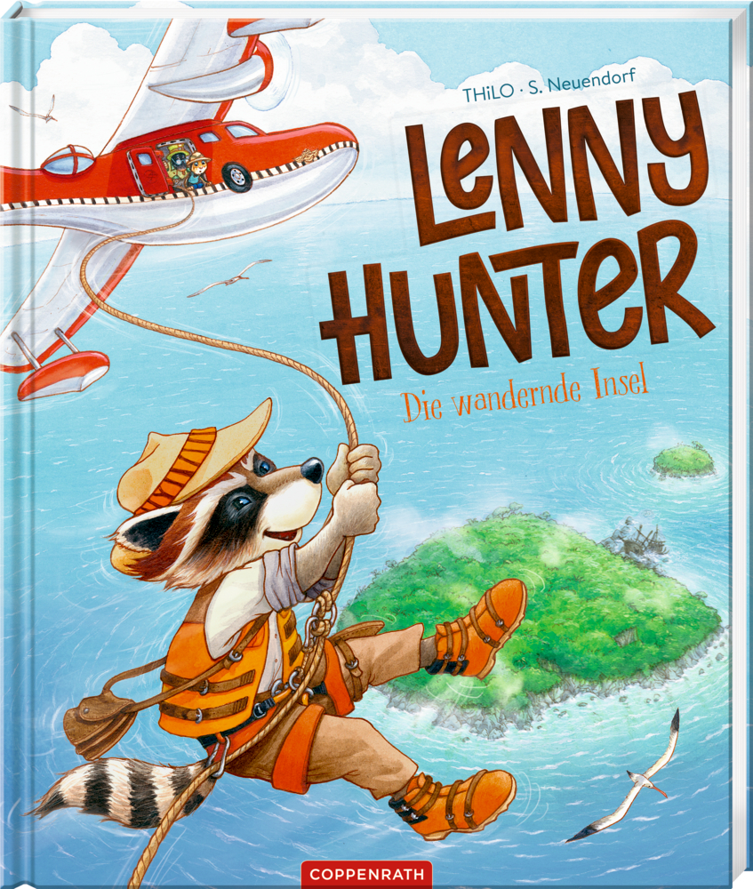 Lenny Hunter Buchcover: Waschbär seilt sich von einem roten Flugzeug ab. Darunter Meer und eine Insel.