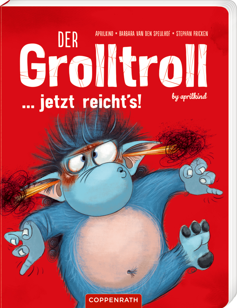 Ein blauer, schlecht gelaunter Troll mit roten Wangen springt wütend auf einem roten Buchcover mit dem Titel Der Grolltroll.