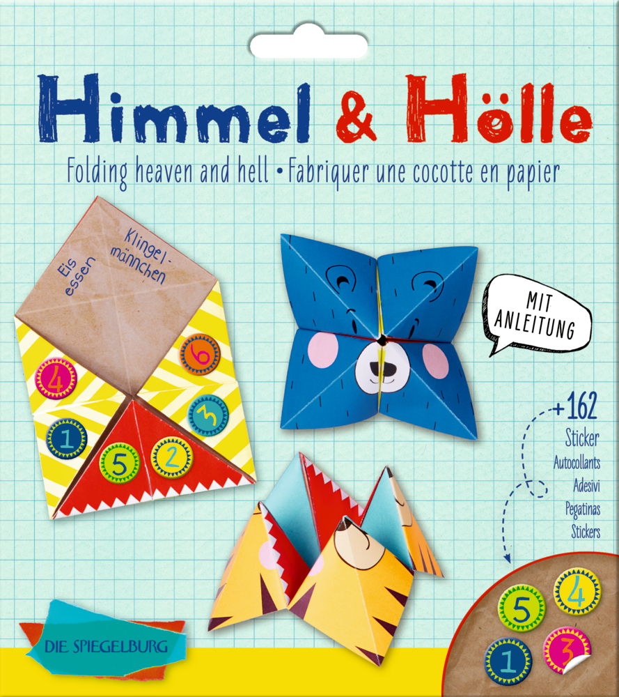 Mehrere bunte Papier-Faltfiguren mit Tier- und Zahlenmotiven auf einer Pappverpackung.
