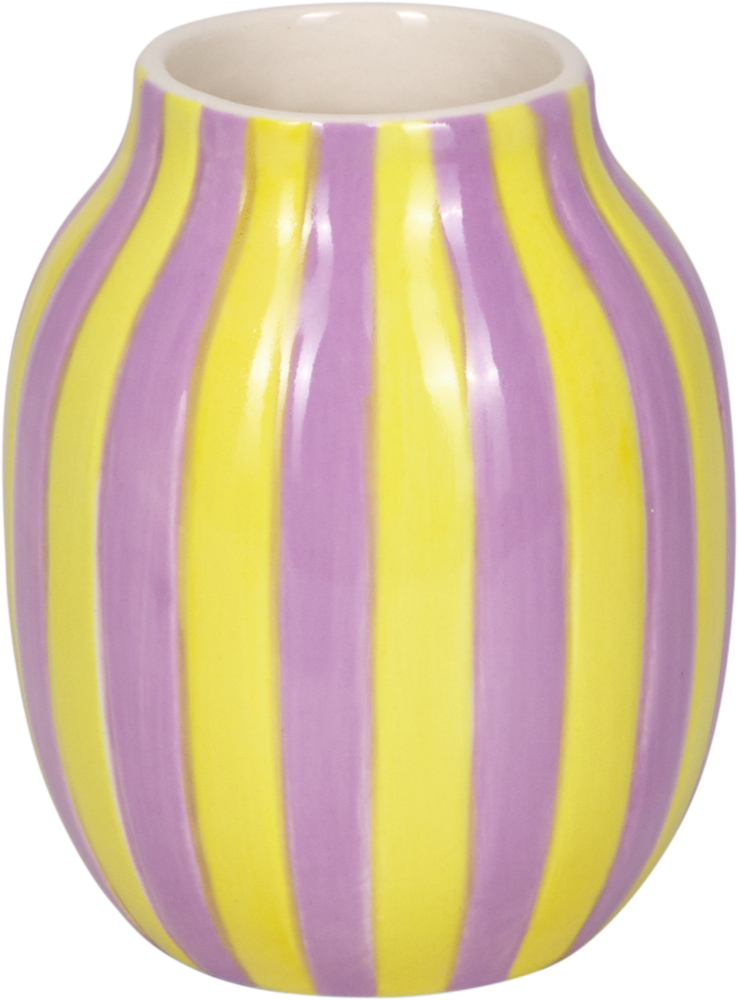 Länglich-runde Keramikvase mit vertikalen rosa und magentafarbenen Streifen.