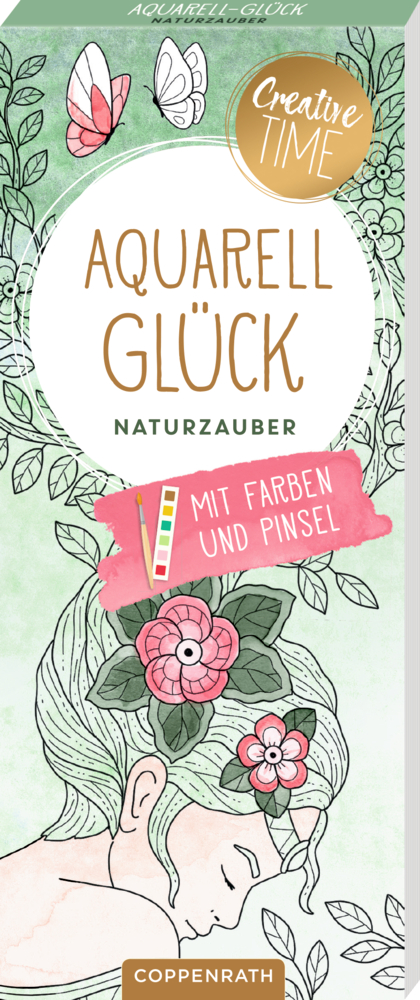 Aquarell-Buchcover: Frau mit Blumen im Haar, Schmetterlingen und  Text zum Thema Aquarellmalerei.