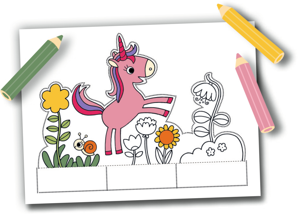 Ausgemaltes Einhorn mit bunten Blumen und Schnecke auf Ausmalbild, daneben grüne, gelbe und rosa Buntstifte.