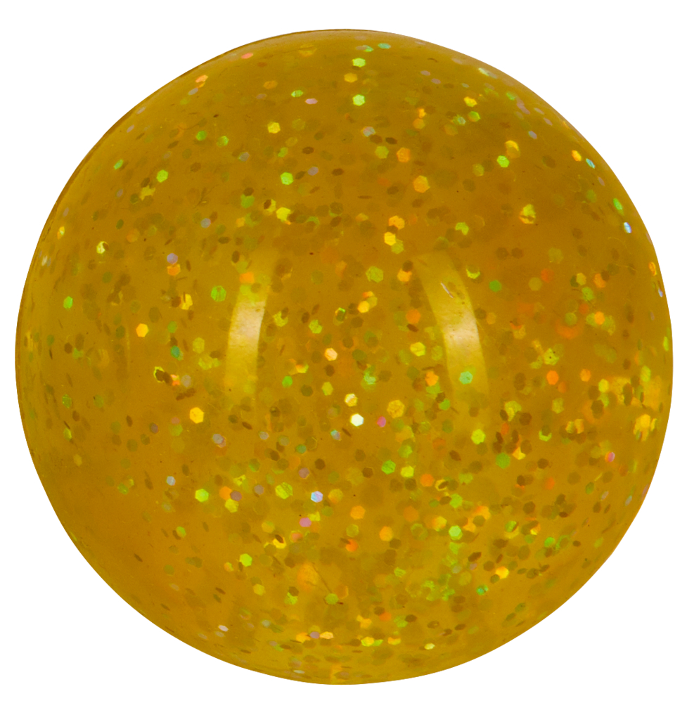 Ein gelber Flummi, der innen mit glänzenden, bunten Glitzerflecken gefüllt ist.
