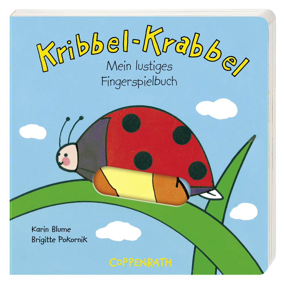 Kinderbuchcover: Cartoon-Marienkäfer auf einem Blatt mit dem Titel „Kribbel-Krabbel“.