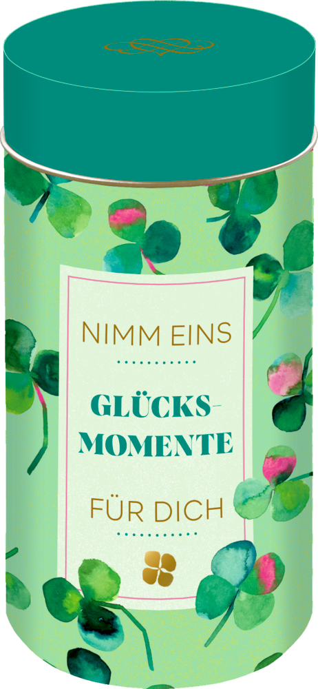 Grüne Dose mit Aquarell-Kleeblättern und Text: Nimm eins Glücksmomente für dich.