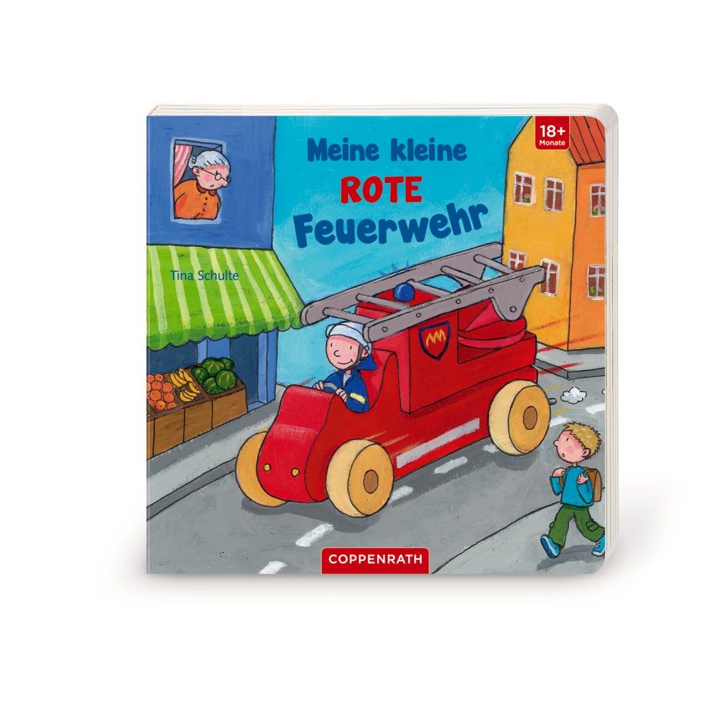 Kinderbuchcover: Ein rotes Feuerwehrauto fährt eine Straße entlang, die von bunten Gebäuden und Menschen gesäumt ist.
