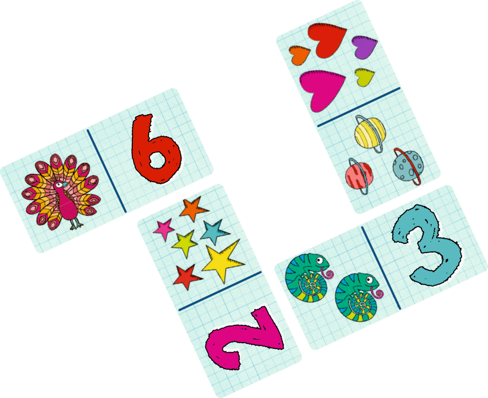 Karten im Domino-Stil mit bunten Zahlen und passenden Gruppen illustrierter Objekte oder Tiere.