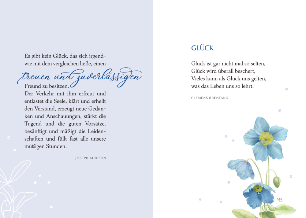 Zweispaltiges Layout mit Zitaten und blauem Wort, rechts daneben blaue Blütenillustration.