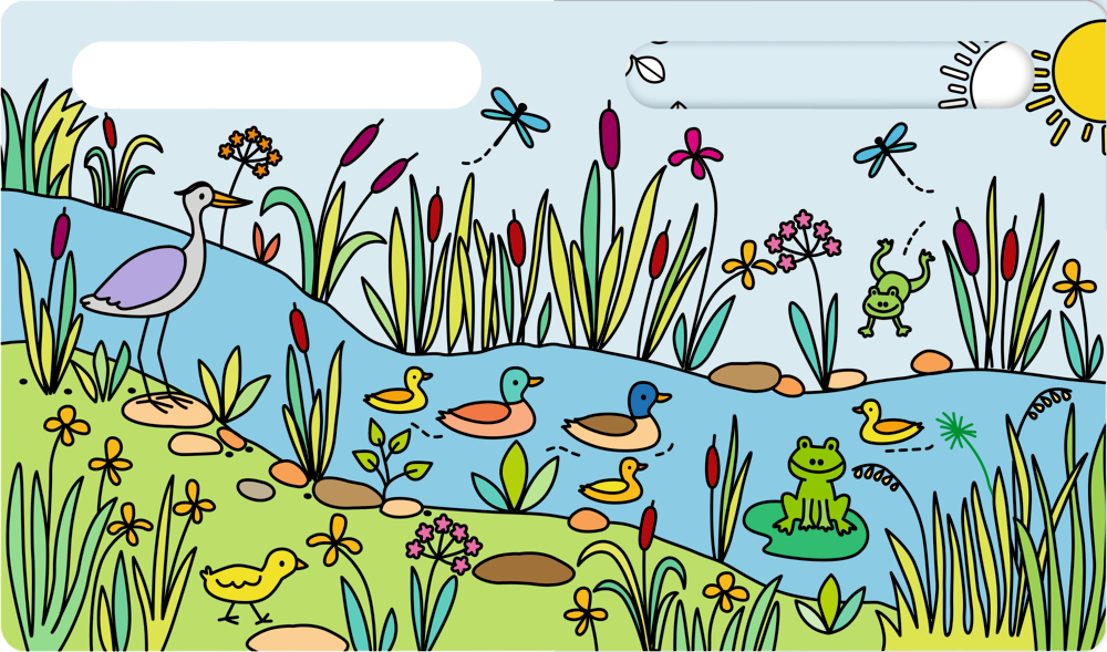Bunte Teichszene mit Enten, Fröschen, Libellen, Blumen und einem Reiher im Gras am Wasser.