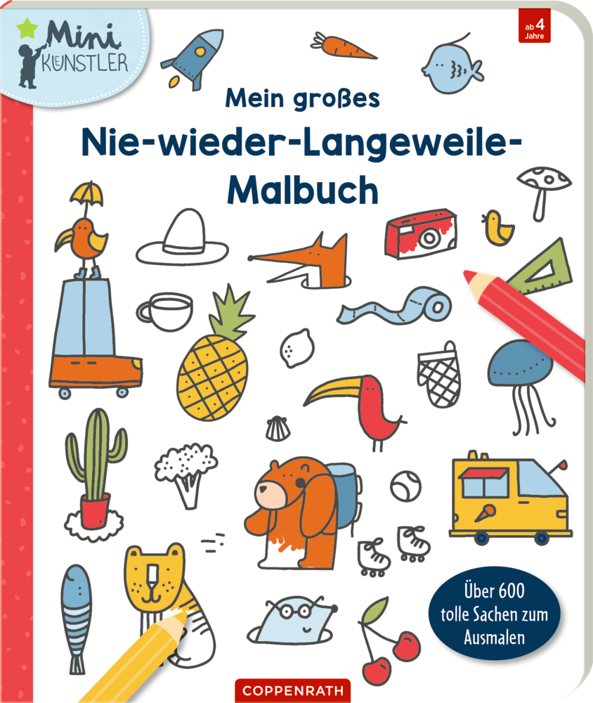 Malbuch mit Illustrationen von Tieren, Fahrzeugen, Obst und Alltagsgegenständen auf weißem Hintergrund.