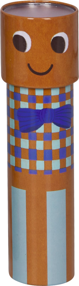 Zylindrisches Kaleidoskop mit brauner Oberfläche, aufgedrucktem Gesicht, karierter Fläche und blauer Fliege.
