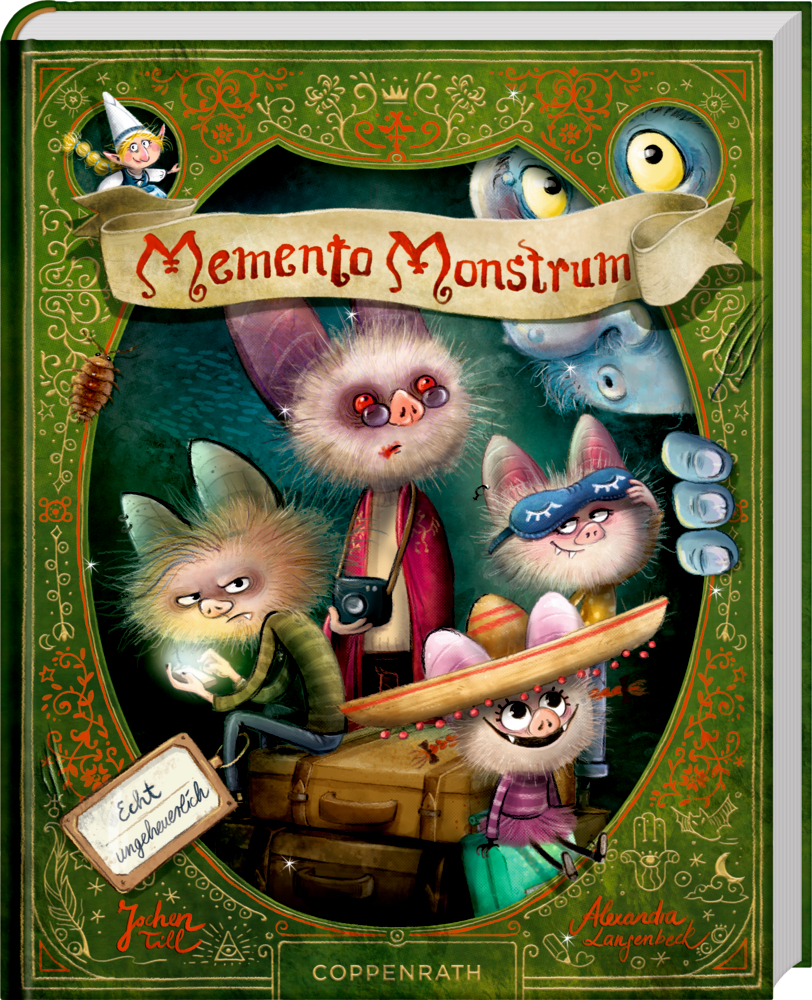 Vier flauschige, sympathische Monster posieren zusammen auf einem grünen Buchcover mit feinen Verschnörkelungen.