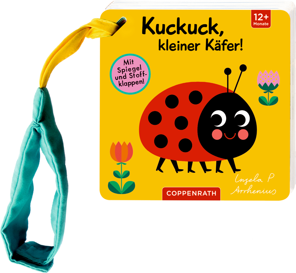 Quadratisches Babybuch mit gelbem Einband, lächelndem Marienkäfer, Blumen und dem Titel „Kuckuck, kleiner Käfer!“.