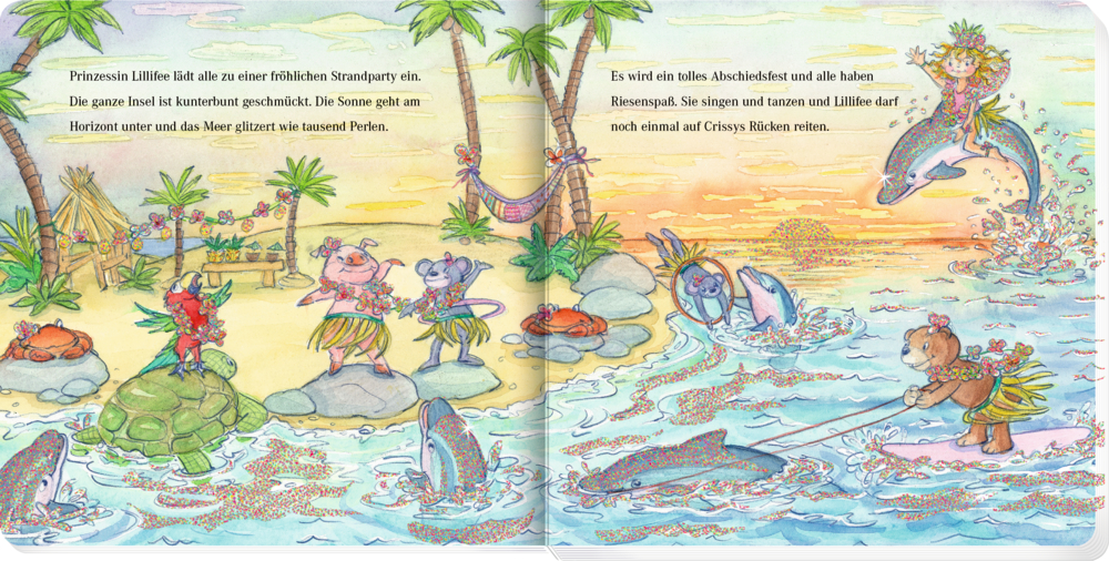 Tiere und Kinder feiern an einem tropischen Strand, schwimmen, tanzen und reiten gemeinsam auf Delfinen im Meer, auf einer Doppelseite mit Text.