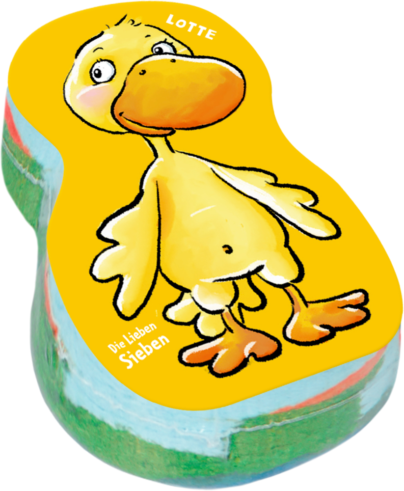 In Form gepresstes Handtuch mit einer Cartoon-Ente und dem Text „LOTTE“ auf gelbem Hintergrund.