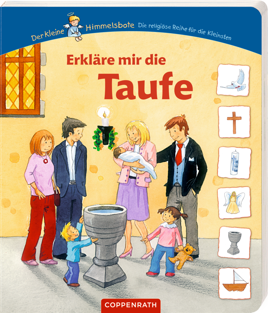 Eine Familie versammelt sich in der Kirche zu einer Taufe. Auf der rechten Seite sind Taufsymbole abgebildet.