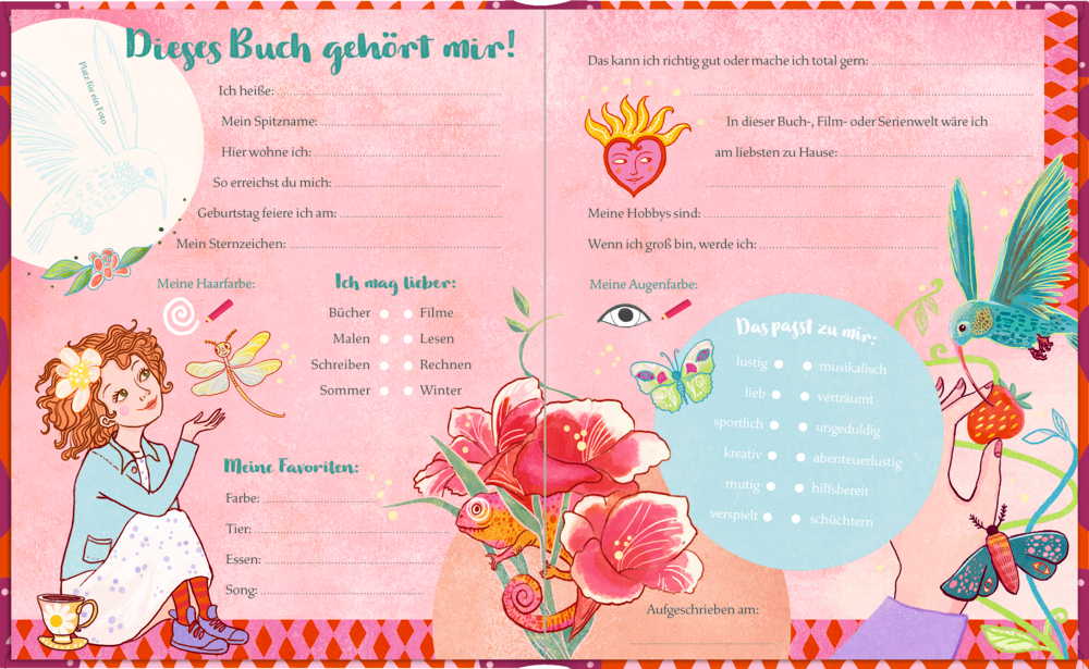 Illustrierte Doppelseite eines Ausfüllbuchs mit Linien, Kästchen, Blumen, Tieren und einer sitzenden Person.