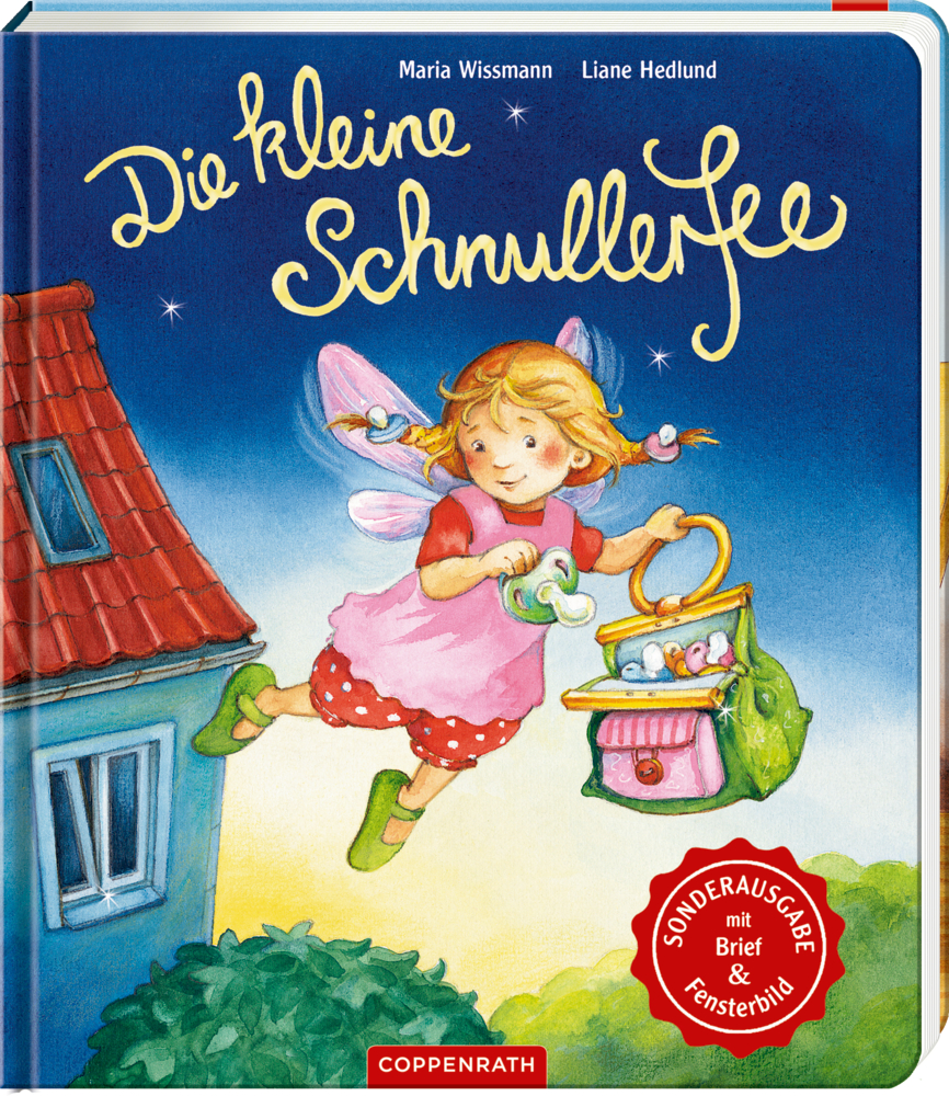 Unter dem Titel „Die kleine Schnullerfee“ fliegt nachts eine geflügelte Fee mit Schnuller und Korb vor einem Haus.