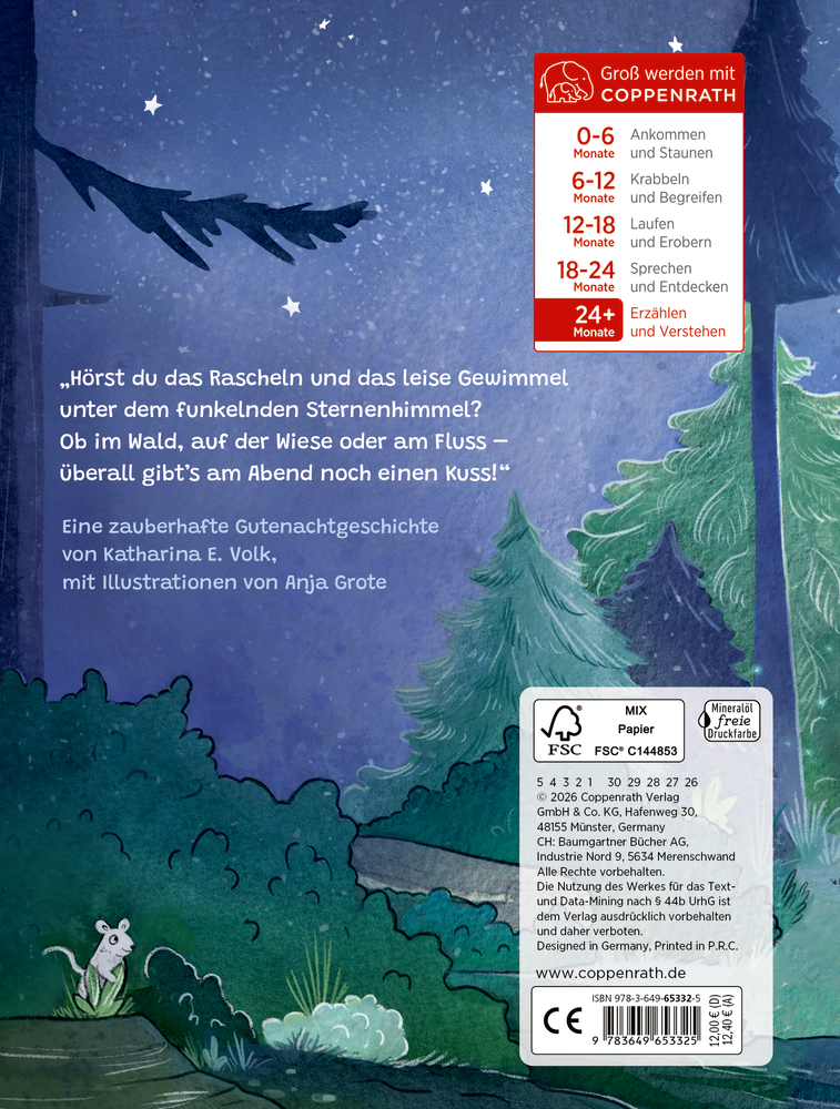 Buchrückseite mit Illustration einer kleinen weißen Maus im nächtlichen Wald mit Sternenhimmel, Bäumen und Sträuchern.